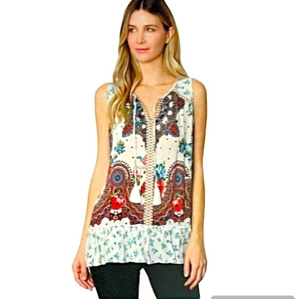Bila Jessica Multicolor Floral Paisley Gauzy Ruffle Sleeveless Boho peasant Top